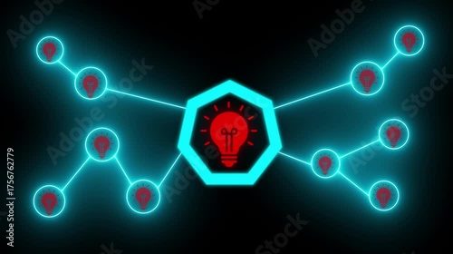 Red Neon Light Bulb Network Connected to Central Hexagon on Black Background