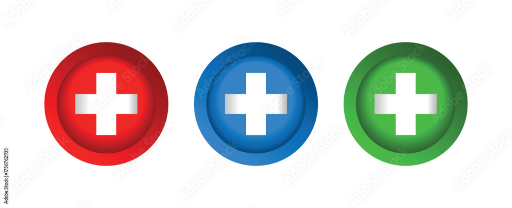 Fototapeta premium Glossy Medical First Aid Cross Icon. Red, Blue and Green Emergency Health Buttons