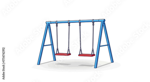 Blue swing set with two red swings isolated on white background.