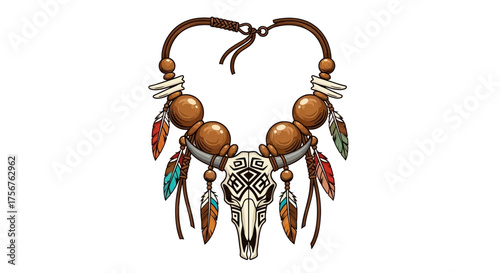 Necklace with beads skull and feathers on a white background.