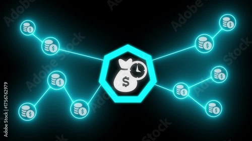 Network of Money Bags and Coins Connected by Neon Lines on Black Background finance connection