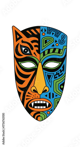 Colorful mask with animalistic features split into two distinct halves on white.