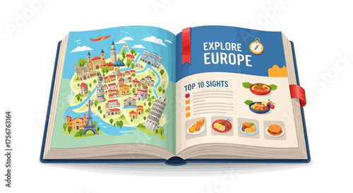 Open book displaying a map of Europe and food icons on white background.