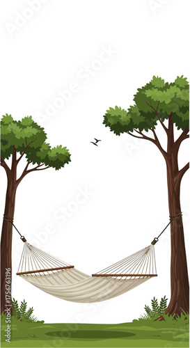 Hammock hanging between two trees in a grassy area illustration.