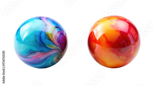 Two vibrant glass marbles isolated on transparent background, a colorful duo