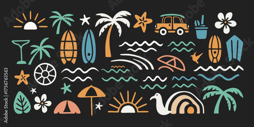 Colorful hand drawn summer vacation icons and symbols on black background