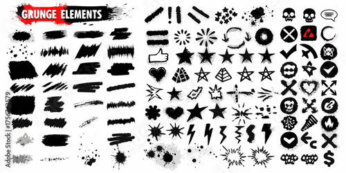 Collection of black grunge elements and icons with splatter and brush stroke textures