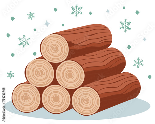 Winter vector illustration of a stack of firewood logs in the snow with snowflakes