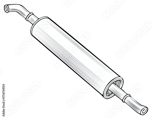 Automotive exhaust muffler and pipe in clean line art drawing style