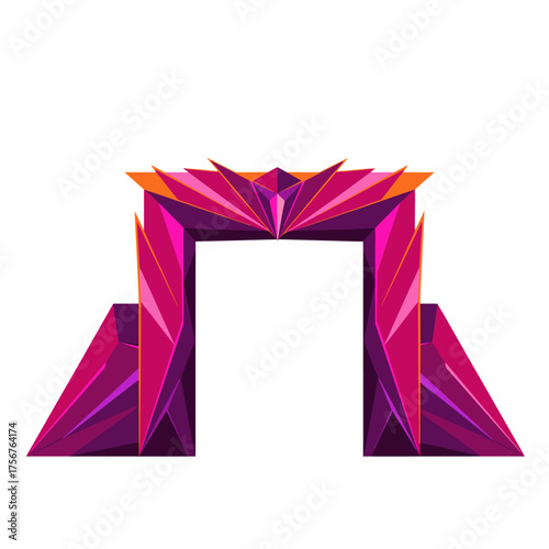 A vibrant, abstract geometric archway illustration featuring sharp, angular facets in fuchsia and purple, creating a modern and futuristic decorative entrance.