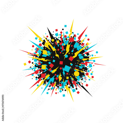A vibrant abstract explosion of colorful geometric shapes and sharp lines radiates outward from a dark center, symbolizing energy and dynamic motion.