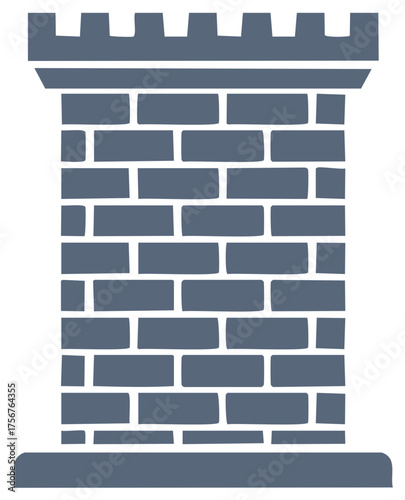 Stylized castle tower illustration with crenelated parapet and brick wall.