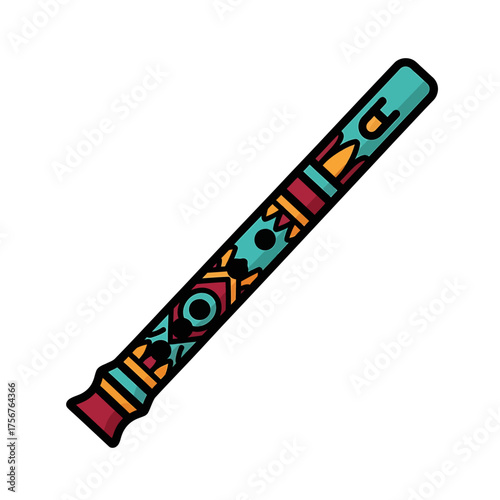 A colorful, stylized illustration of a flute with geometric patterns and a black outline.