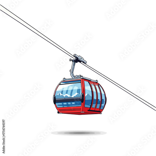 Red and blue cable car on a cable against a white background.