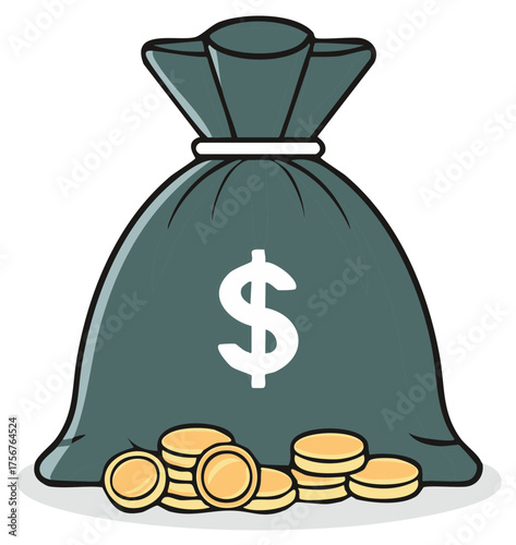 Illustrated money bag with dollar sign and gold coins symbolizing finance, wealth, and income