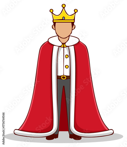 Cartoon king character in a royal red cape and golden crown standing full length illustration