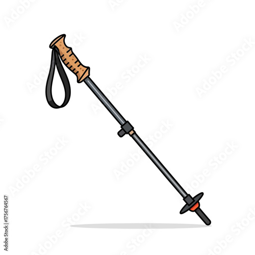 Trekking pole with brown handle and black strap isolated on white background.