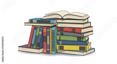 Stack of books with various colors and one open book on top.