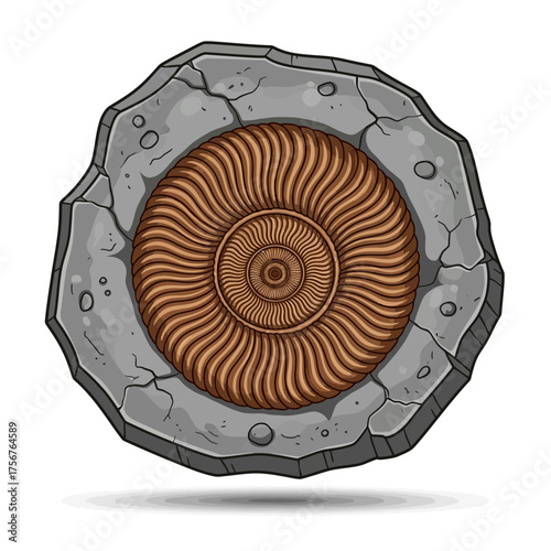 Fossil embedded in rock with circular pattern and cracked surface.