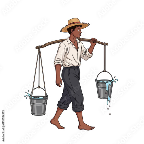 Man carrying buckets of water with a yoke over his shoulders walking.