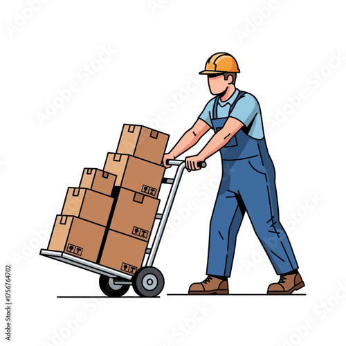 Man in overalls pushes hand truck loaded with cardboard boxes on white background.