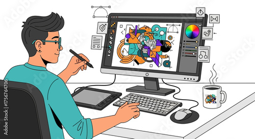 Man drawing on computer with graphic tablet at desk in bright room.