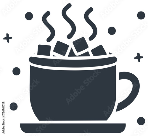 Steaming warm drink in a mug with marshmallows and rising vapor simple graphic