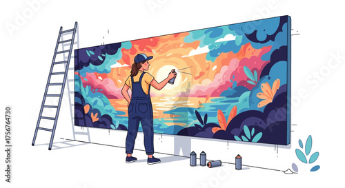 Woman painting a colorful mural on a large canvas with spray paint.