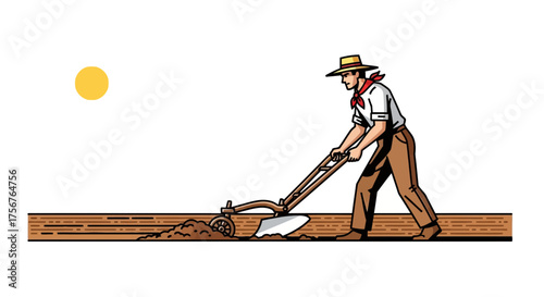 Person plowing field with animal drawn plow under a yellow sun.