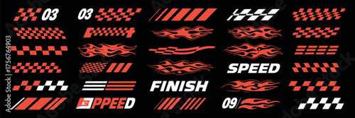 A comprehensive vector collection of modern racing sport elements. This set includes car decals with checkered flags, speed stripes, and fire flame graphics for vehicle vinyl wraps and tuning design