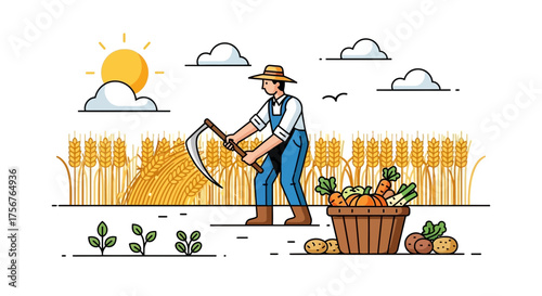 Farmer harvests wheat with scythe next to basket of vegetables illustration.