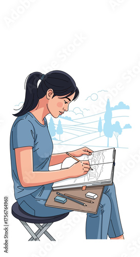 Woman sits drawing on a sketchpad with pencil against a white background.