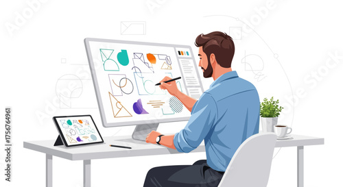 Man using a stylus on a computer monitor at a desk.