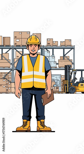 Warehouse worker with hardhat and clipboard stands in front of shelves with boxes.