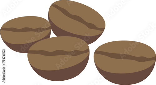 A close-up, stylized illustration of four brown coffee beans, showcasing their distinct shape and texture, perfect for culinary and beverage themes