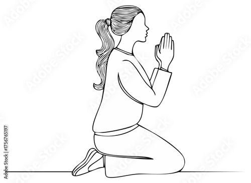 Young woman kneeling with hands in prayer simple black and white line art illustration