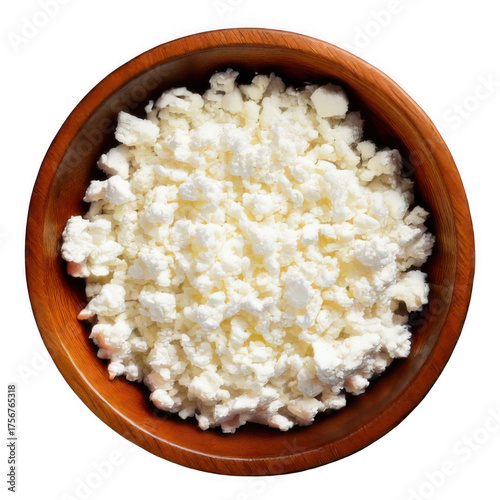 Billede på lærred Cottage cheese, curd in wooden bowl, top view isolated on transparent background