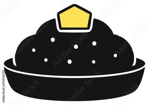 Stylized illustration of a black bowl with dark food and a yellow cap atop