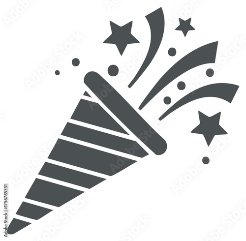 Striped party popper cracker exploding with confetti and stars vector icon for celebrations