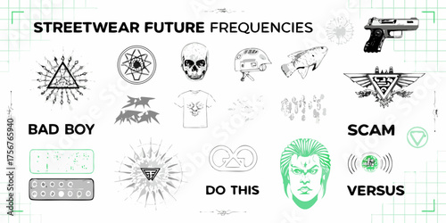 Streetwear future frequencies collection of icons and graphics for apparel design