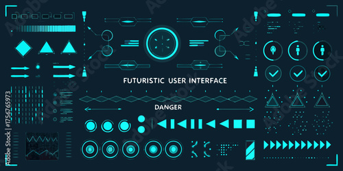 Futuristic user interface elements and icons for digital displays and technology applications
