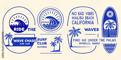 Collection of retro surf inspired graphic elements with waves palm trees and beach locations