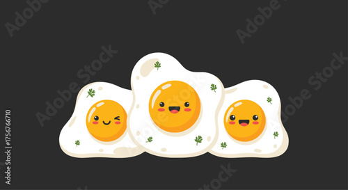 Three cheerful cartoon fried eggs with happy faces and green herbs.