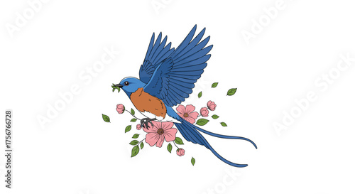 A beautiful blue bird flies gracefully among delicate pink blossoms.