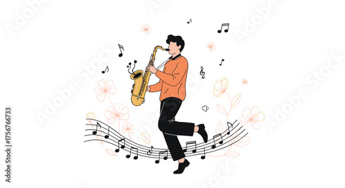 Man playing saxophone with musical notes floating around him.