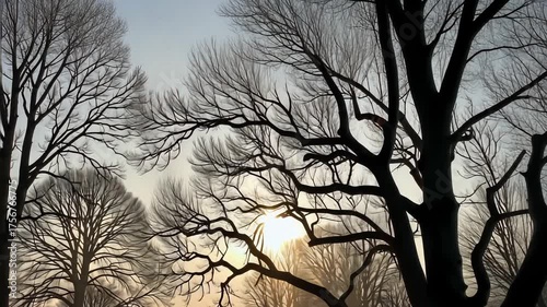 Serene Winter Sunrise Through Bare Tree Branches Creating Intricate Silhouettes Against a Softly Lit Morning Sky