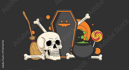A spooky collection of Halloween elements including a skull a broom a coffin and a cauldron.
