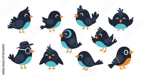 A collection of cute cartoon birds with various expressions and styles.