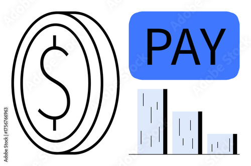 Dollar coin, Pay label in blue, and falling bar chart showing economic downturn or payment issues. Ideal for finance, debt, budgeting, payment processing, cash flow, financial planning savings