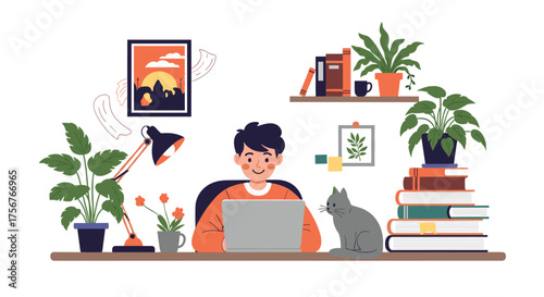 A young boy studies at a desk with his cat and plants